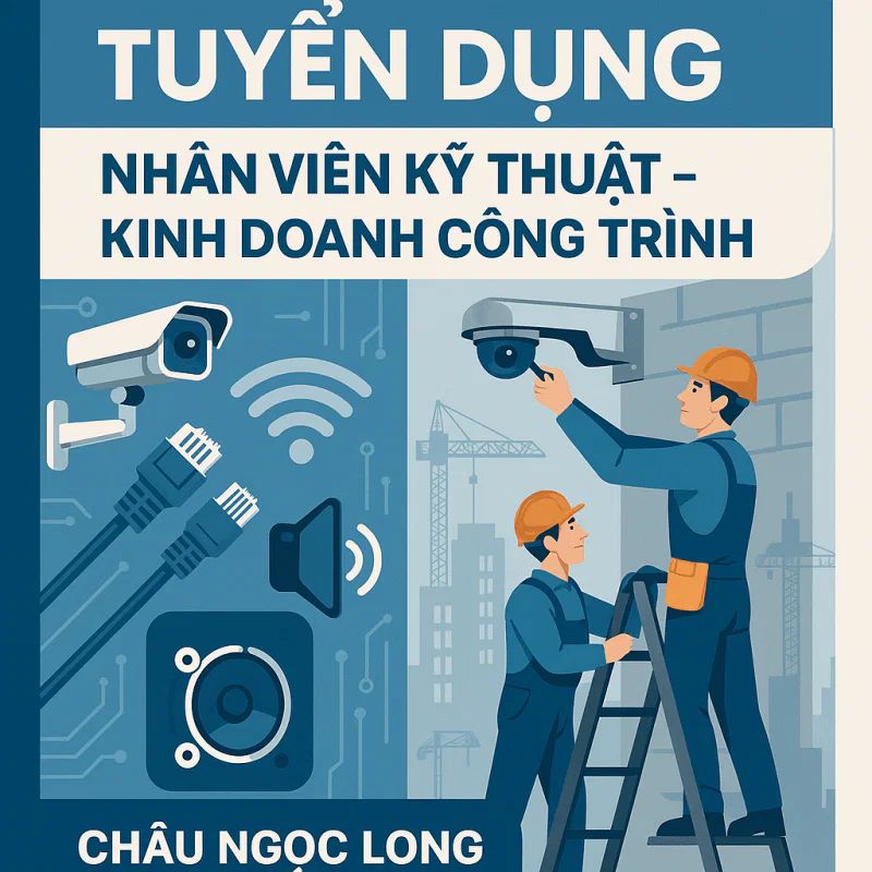 Tuyển kỹ thuật có đào tạo 18 A professional recruitment poster for Châu Ngọc Long Telecom, hiring technical staff in Đà Nẵng. The