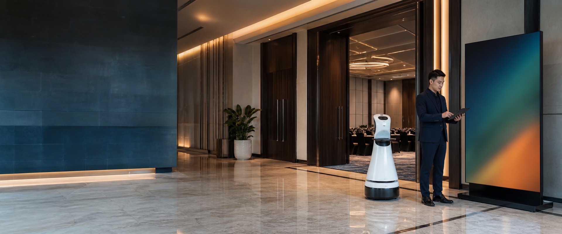 Robot dịch vụ và màn hình LED trong không gian hiện đại